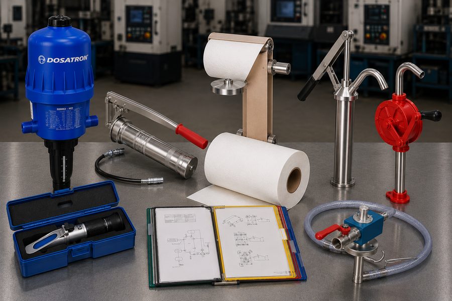 Equipamentos de gestão de fluidos: dosador, bomba manual, papel absorvente e bombas rotativas
