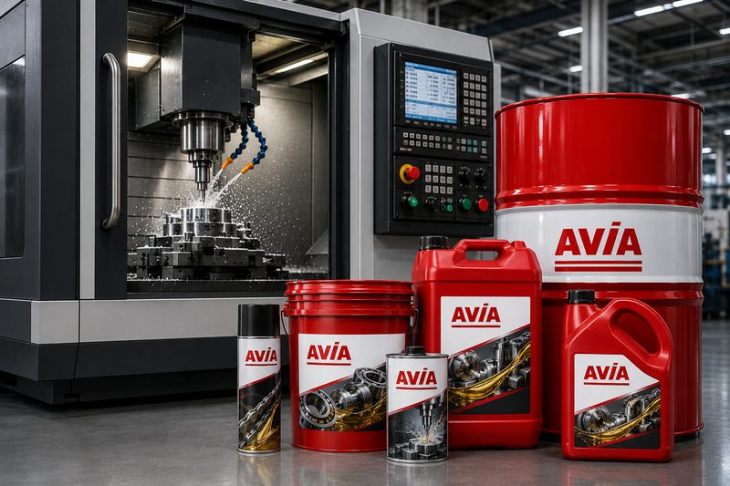 Gama de lubrificantes industriais AVIA em bidões e embalagens