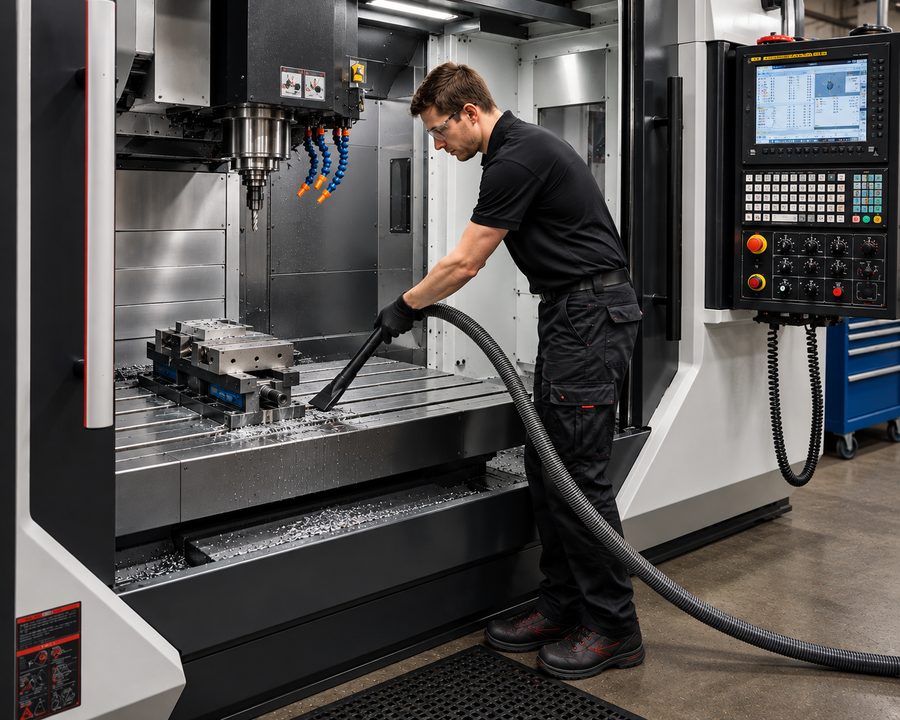 Técnico a realizar manutenção e limpeza de máquina CNC industrial